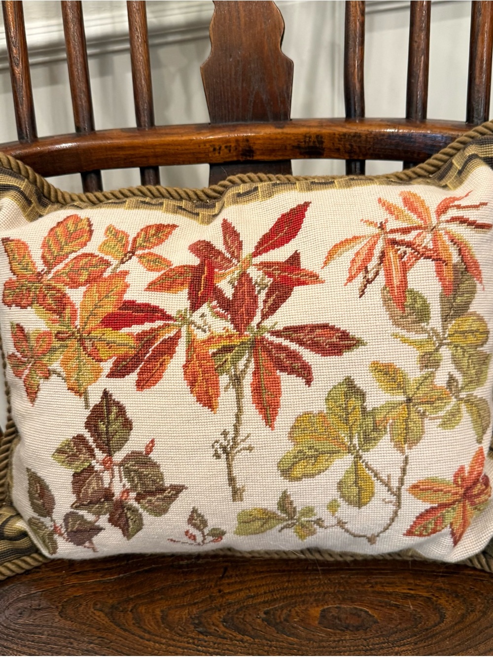 Decorative Autumn Leaf Handmade Needlepoint Pillow-9”x 16”-Insert Included